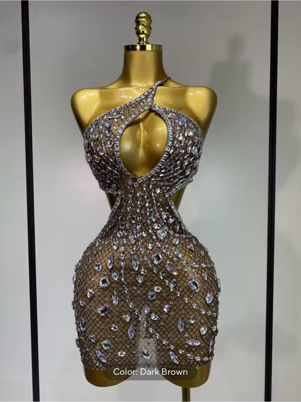 Dark Brown Embellished One-Shoulder Mini Dress